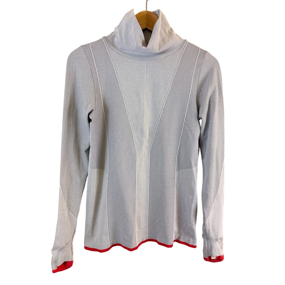 Athleta Flurry Downslope Turtleneck Women M Gray Red Stripe Thumbholes